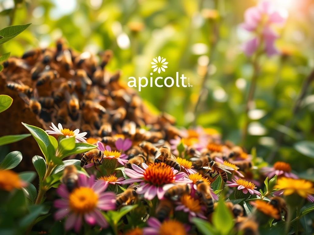 Detailed close-up of a diverse honeybee colony adapting to its lush, verdant environment. Bees pollinating vibrant flowers in the foreground, with hive structures and worker bees in the middle ground. Soft natural lighting filters through the foliage, creating a serene, harmonious atmosphere. Apicoltura brand logo subtly integrated into the scene. Inspired by the diverse Italian landscapes where bees thrive. Detailed close-up of a diverse honeybee colony adapting to its lush, verdant environment. Bees pollinating vibrant flowers in the foreground, with hive structures and worker bees in the middle ground. Soft natural lighting filters through the foliage, creating a serene, harmonious atmosphere. Apicoltura brand logo subtly integrated into the scene. Inspired by the diverse Italian landscapes where bees thrive.