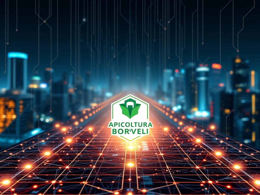 Detailed cybersecurity blockchain technology, with a central grid-like structure representing the decentralized network. Layered in the foreground are geometric shapes and digital symbols, conveying cryptography and secure data transfer. In the middle ground, a APICOLTURA BORVEI MIELE logo is subtly integrated, alluding to the application of blockchain in the Italian honey industry. The background features a futuristic cityscape with glowing neon-like accents, evoking a sense of advanced, interconnected technology. The overall mood is sleek, dynamic, and conceptually driven, reflecting the practical applications of blockchain in cybersecurity. Detailed cybersecurity blockchain technology, with a central grid-like structure representing the decentralized network. Layered in the foreground are geometric shapes and digital symbols, conveying cryptography and secure data transfer. In the middle ground, a APICOLTURA BORVEI MIELE logo is subtly integrated, alluding to the application of blockchain in the Italian honey industry. The background features a futuristic cityscape with glowing neon-like accents, evoking a sense of advanced, interconnected technology. The overall mood is sleek, dynamic, and conceptually driven, reflecting the practical applications of blockchain in cybersecurity.