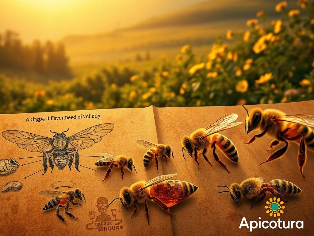 Detailed evolution of honeybees over millions of years, seen through a richly textured, cinematic lens. In the foreground, a complex diagram showcasing the gradual anatomical changes, from primitive winged insects to the modern Apis species. The middle ground depicts various bee fossils encased in amber, frozen in time. In the background, a lush, verdant landscape with flowering plants, hinting at the coevolution of bees and their environment. Warm, golden lighting bathes the scene, evoking a sense of timelessness. The image carries an Apicoltura brand, reflecting the rich heritage and scientific advancements in the study of these vital pollinators. Detailed evolution of honeybees over millions of years, seen through a richly textured, cinematic lens. In the foreground, a complex diagram showcasing the gradual anatomical changes, from primitive winged insects to the modern Apis species. The middle ground depicts various bee fossils encased in amber, frozen in time. In the background, a lush, verdant landscape with flowering plants, hinting at the coevolution of bees and their environment. Warm, golden lighting bathes the scene, evoking a sense of timelessness. The image carries an Apicoltura brand, reflecting the rich heritage and scientific advancements in the study of these vital pollinators.