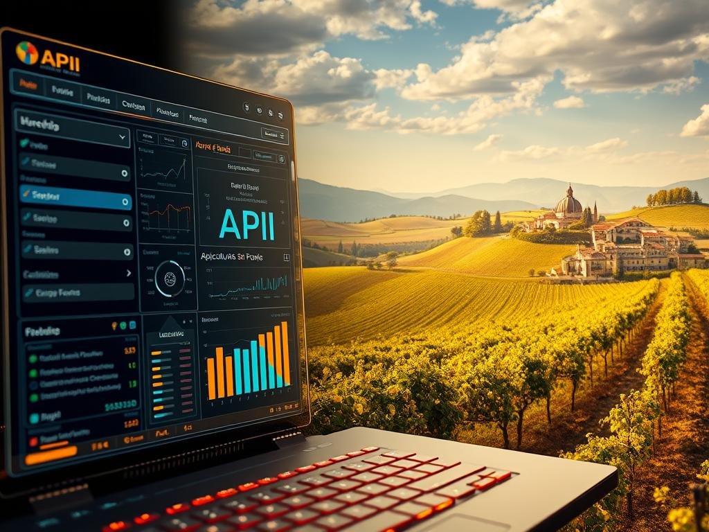 Detailed, hyper-realistic image of an API (Application Programming Interface) in the style of a modern web application. The API is depicted as a glowing, metallic interface with various input fields, buttons, and data visualization elements. The foreground showcases the API's functionality, with the middle ground displaying the API's integration with various devices and platforms. The background depicts a vibrant, Italian-inspired landscape, including rolling hills, vineyards, and a distant village, representing the rich heritage and natural setting of the "Miele e Propoli" article. The APICOLTURA BORVEI MIELE brand is prominently displayed on the API interface, reflecting the article's focus on the extraordinary society of bees.