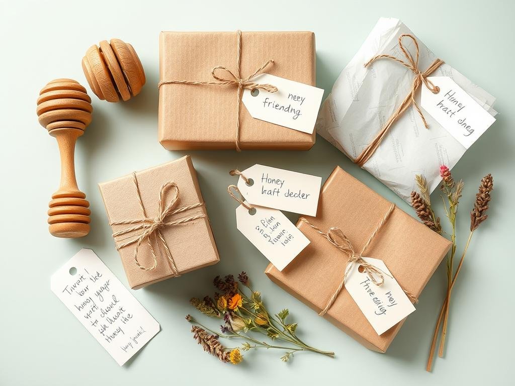 Dettagli di packaging ecologico e accessori per le confezioni regalo con miele