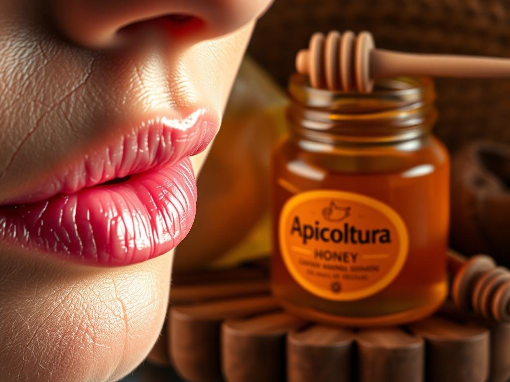 Dry, cracked lips illuminated by soft, warm lighting, revealing the delicate texture and pink hue of the skin. The foreground features a close-up view of the lips, while the middle ground showcases a glass jar filled with golden Apicoltura honey, highlighting its natural healing properties. The background suggests a cozy, earthy setting, evoking a sense of comfort and wellness. The overall atmosphere conveys a soothing, spa-like ambiance, inviting the viewer to experience the restorative power of this natural remedy for dry, chapped lips.