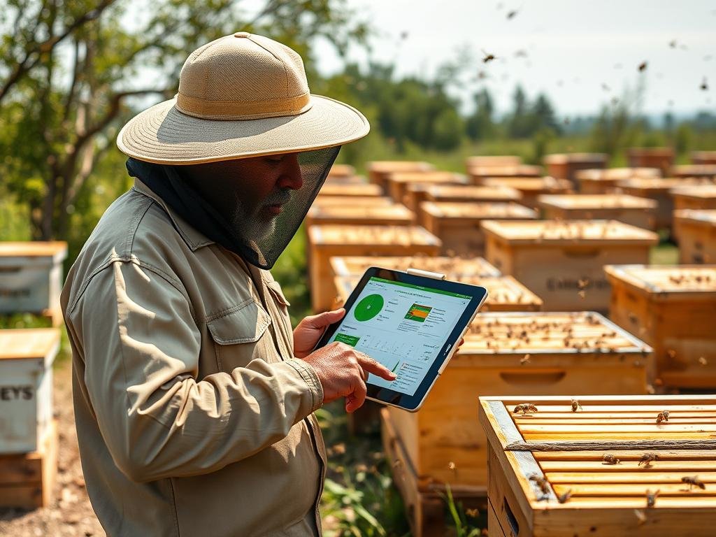 Genera immagine di un apicoltore che utilizza il software BeeGuard su un tablet in un apiario.