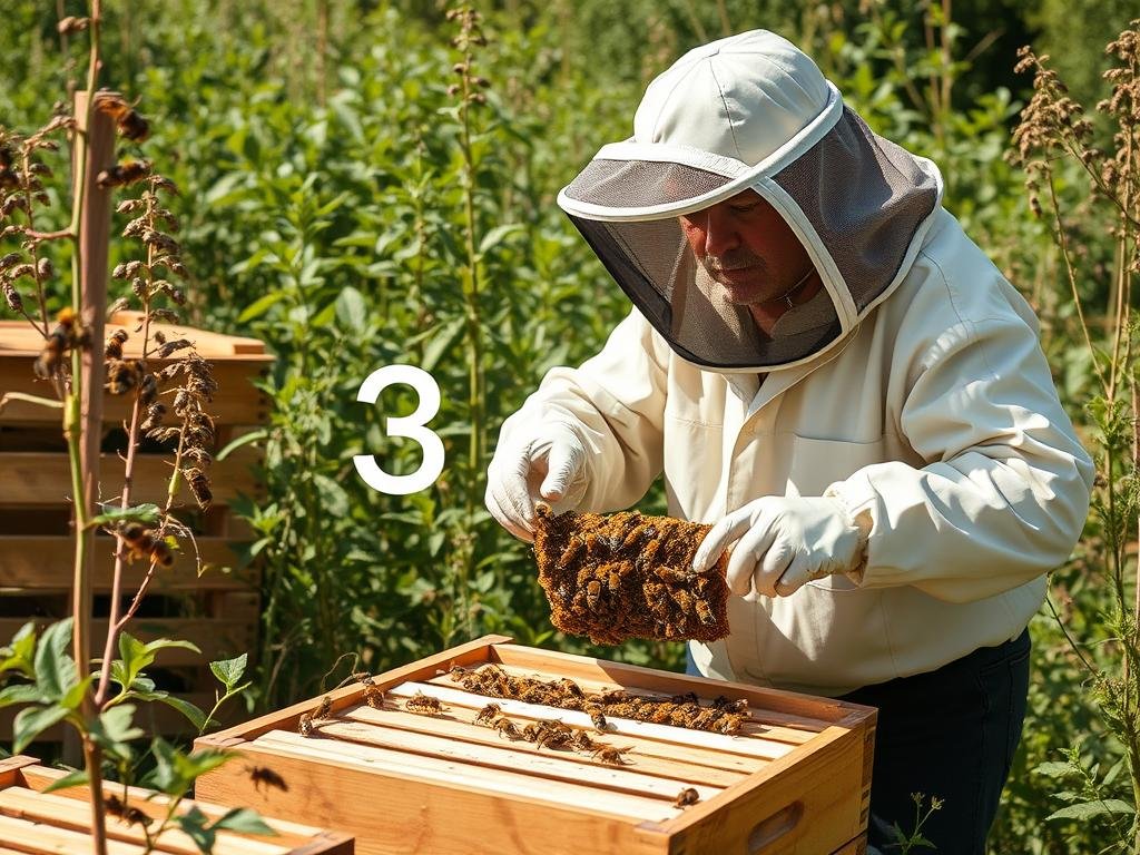 Genera un'immagine che rappresenti la tecnologia blockchain di 3Bee applicata all'apicoltura