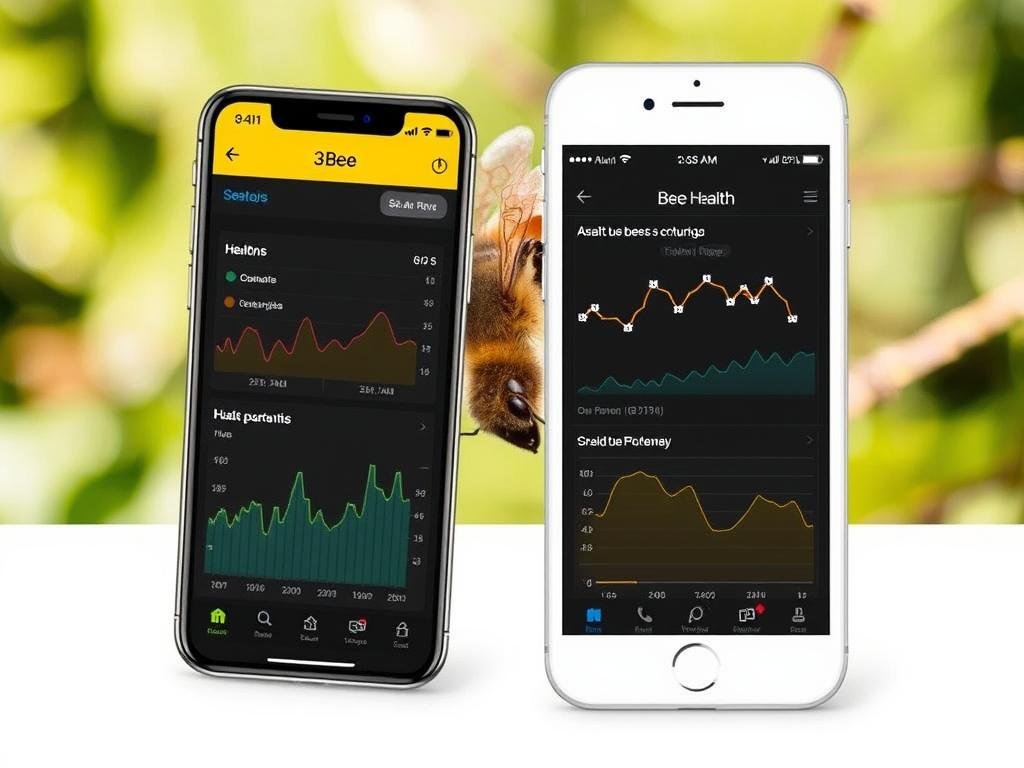 Genera un'immagine che rappresenti l'app 3Bee in azione, con grafici e dati sulla salute delle api.