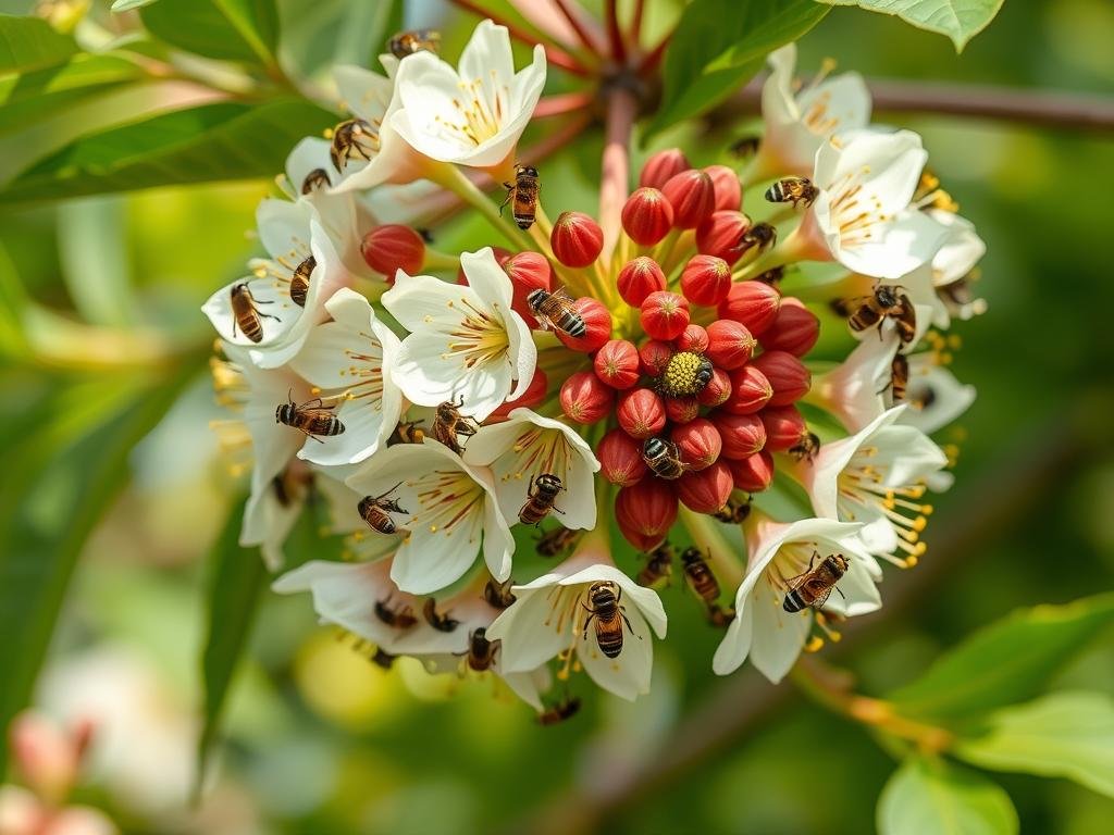 Genera un'immagine di un castagno in fiore con api intorno