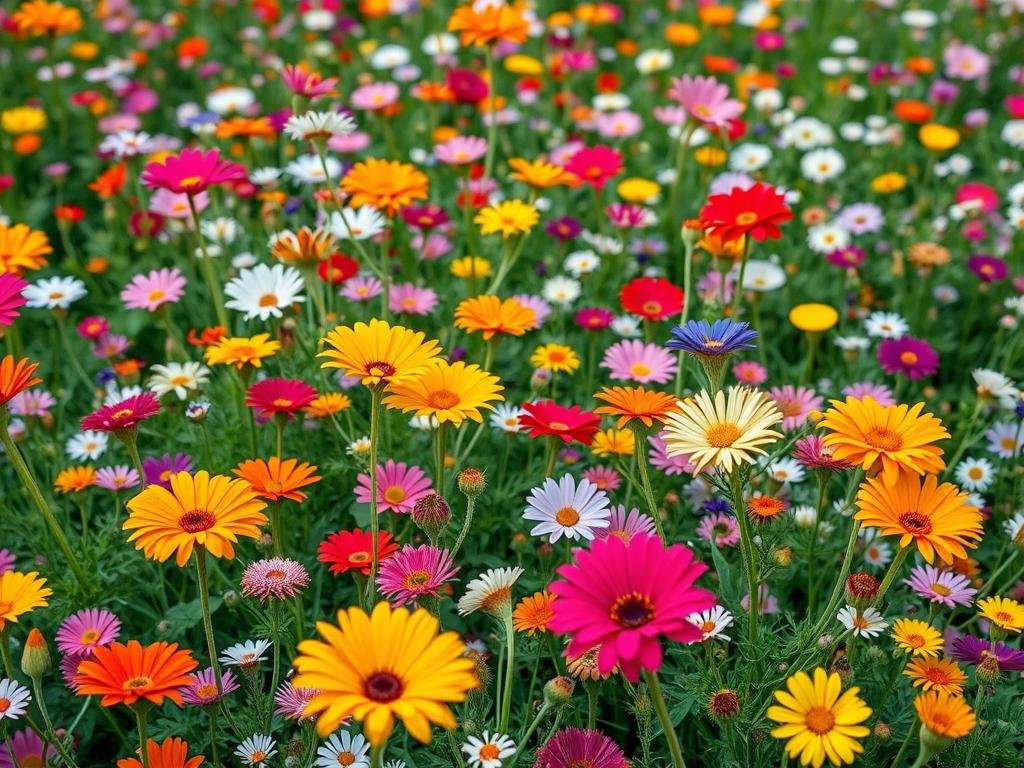 Genera un'immagine di un prato fiorito con diversi fiori