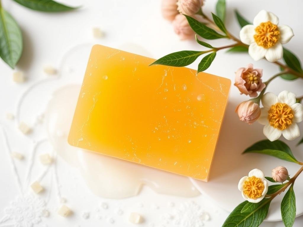 Genera un'immagine di un sapone alla propoli purificante e lenitivo