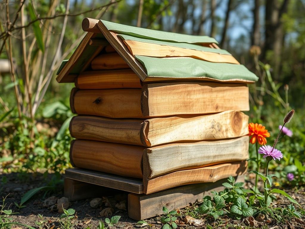 Genera un'immagine di un'arnia ecologica realizzata con materiali riciclati.