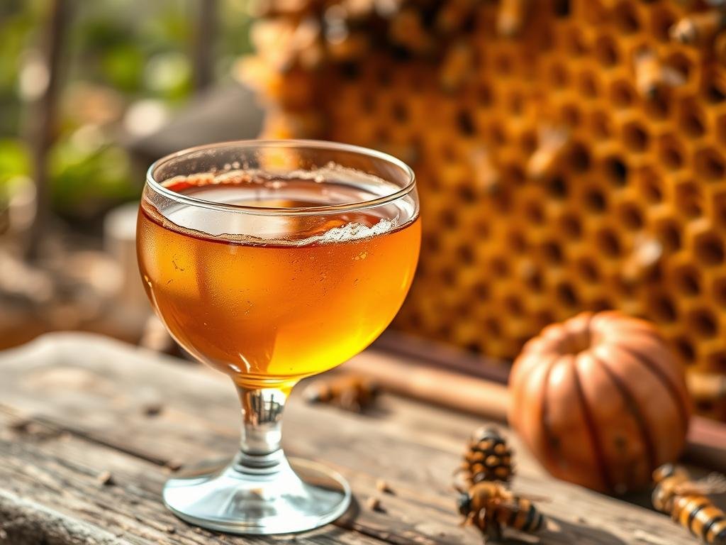 Immagine della grappa al miele con un bicchiere e un alveare sullo sfondo