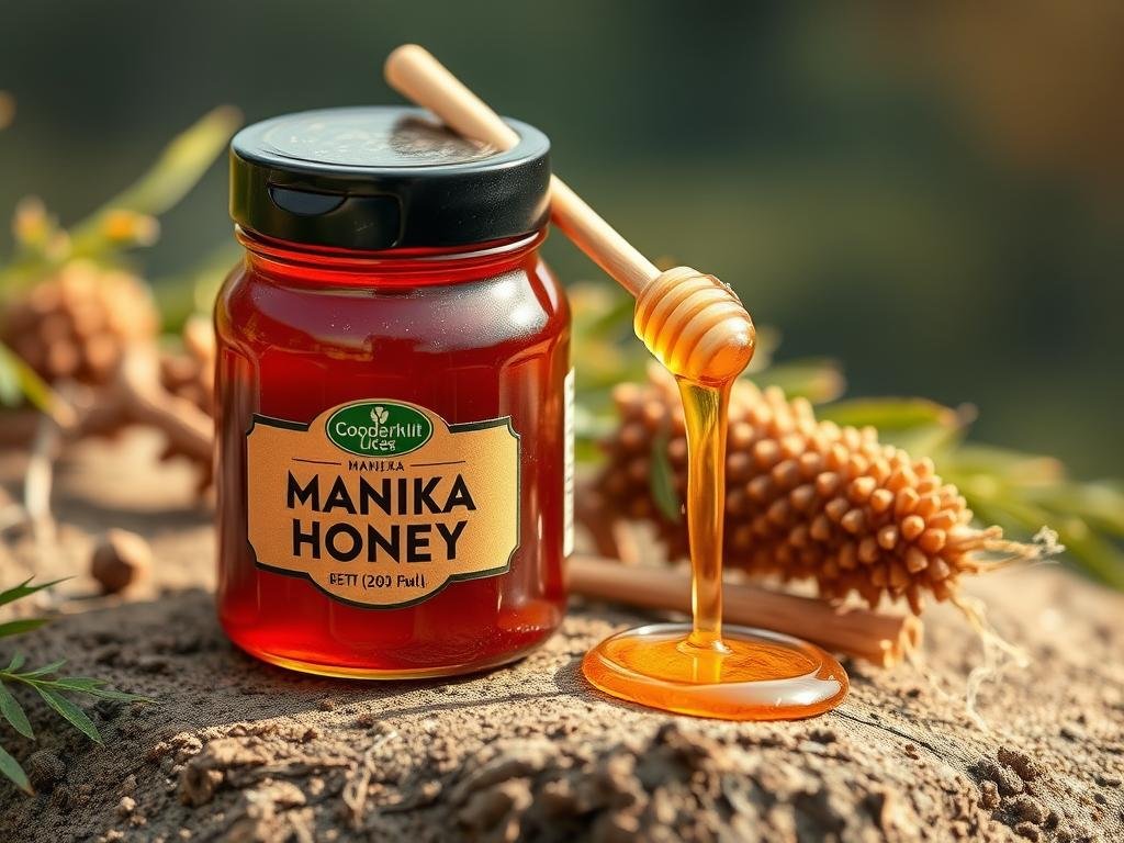 Immagine di miele di Manuka su sfondo naturale