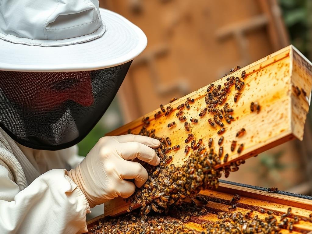 Immagine di un apicoltore che controlla l'infestazione da Varroa in un alveare