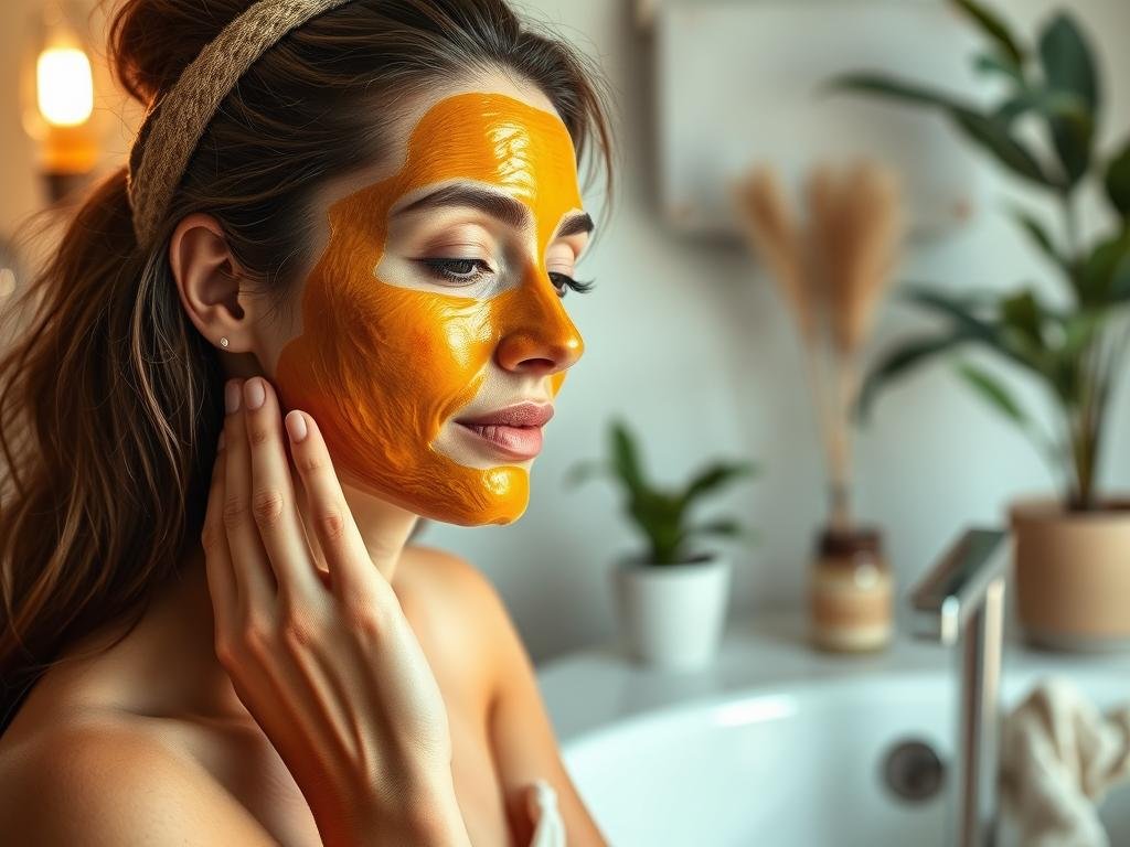 Immagine di una donna che applica una maschera facciale con miele d'acacia