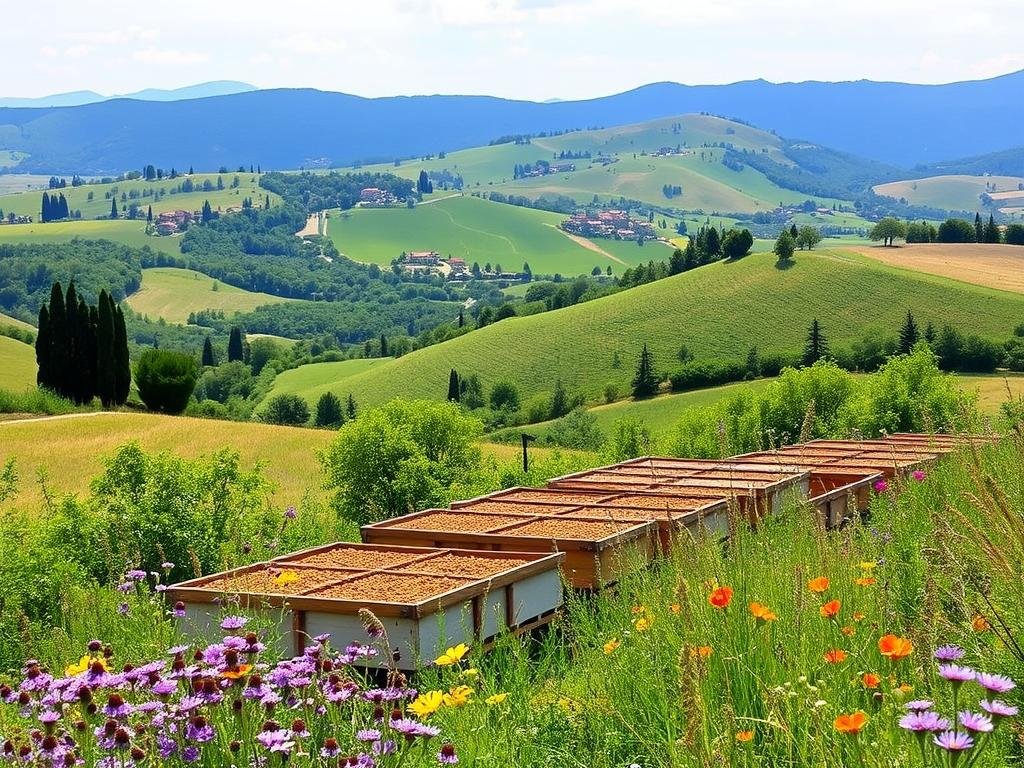 Immagine di un'apiaria in un paesaggio toscano