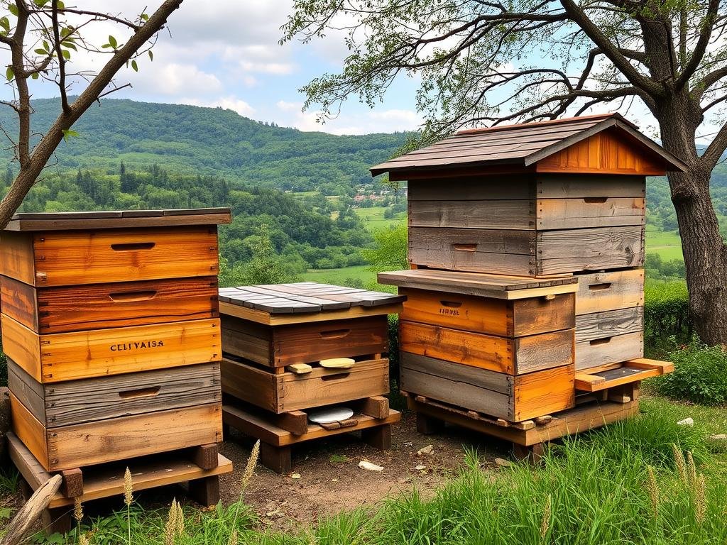 Immagine di un'apiaria italiana con alveari in legno