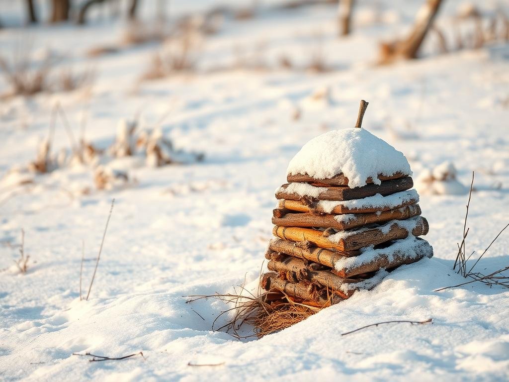 Immagine di un'arnia isolata con materiali naturali durante l'inverno