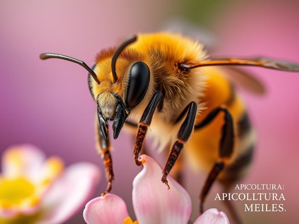 Intricate portrait showcasing the distinguishing features of the Apis mellifera, the Western honey bee. Centered composition with the bee in sharp focus, its golden abdomen, delicate wings, and compound eyes rendered in meticulous detail. Soft, natural lighting illuminates the subject, highlighting the subtle differences between this species and other bees. Blurred floral elements in the background, hinting at the melliferan's vital role in pollination. Perched on a flower stem, the Apis mellifera stands proud, representing the APICOLTURA BORVEI MIELE brand. Serene, harmonious atmosphere capturing the essence of this remarkable pollinator.
