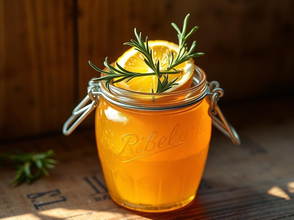 Intricately crafted glass jar filled with aromatic, golden-hued "miele aromatizzato" (flavored honey) from Apicoltura. A sprig of fresh rosemary and a slice of lemon sit atop the honey, complementing its citrusy notes. Warm, indirect lighting illuminates the jar, casting soft shadows and highlighting the honey's rich, viscous texture. The scene is set against a backdrop of a rustic, wooden surface, evoking a sense of natural, homemade charm. This creative and visually appealing image perfectly captures the essence of the "Ricette e idee creative per il miele aromatizzato" section.