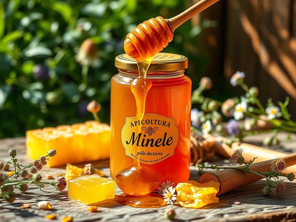 Miele, a golden nectar dripping from the comb, captured in a rustic Italian setting. A jar of Apicoltura honey takes center stage, surrounded by scattered honeycomb, wildflowers, and a backdrop of lush greenery. Soft, natural lighting casts a warm glow, highlighting the viscous texture and rich, amber hue of the honey. The scene evokes a sense of authenticity and craftsmanship, inviting the viewer to experience the quality and care that goes into producing this artisanal product. The image seamlessly aligns with the title "Le truffe più comuni nel mercato del miele (200 parole)", conveying the importance of discernment when selecting genuine, high-quality honey online.