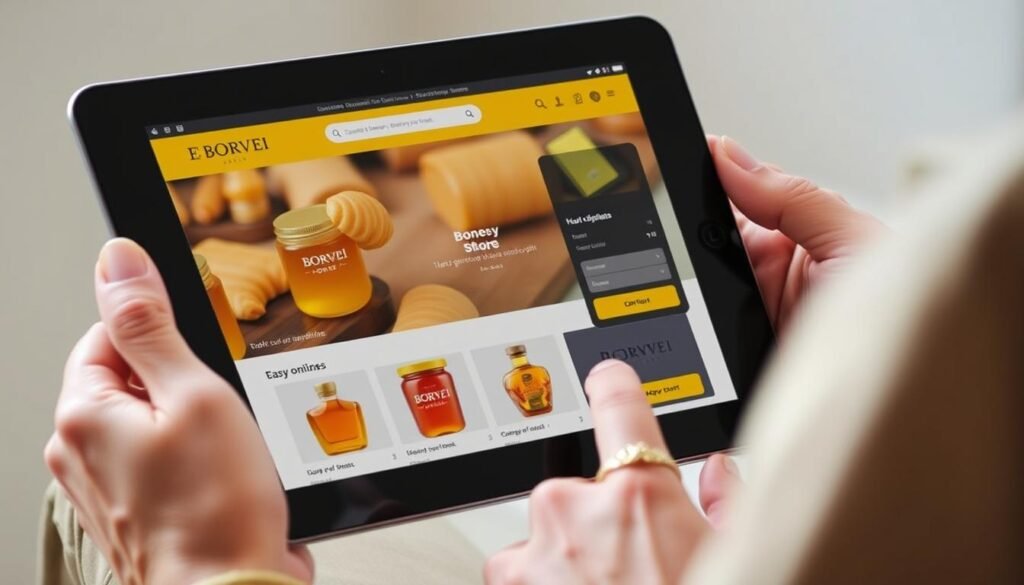 Processo di acquisto online del miele Borvei con dispositivi digitali