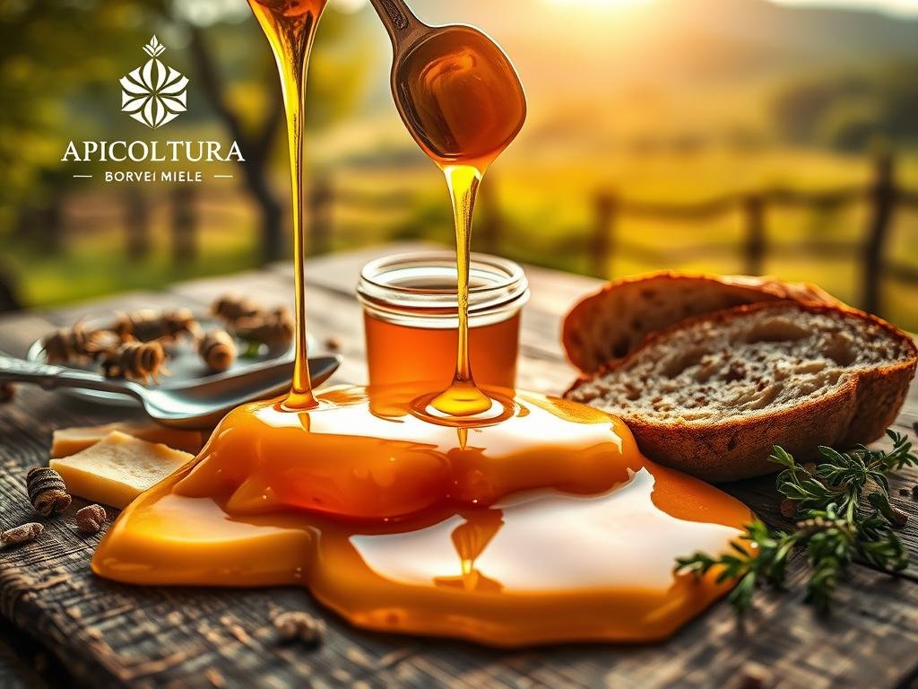 Spread across a rustic wooden table, a generous arrangement of golden, viscous honey drizzled from an ornate glass jar. Alongside, a spoon, a slice of freshly baked bread, and a few sprigs of fragrant herbs. Warm, natural lighting casts a soft glow, highlighting the rich hues of the honey. In the background, a blurred, idyllic Italian countryside scene, evoking a sense of pastoral tranquility. The APICOLTURA BORVEI MIELE brand logo is subtly featured, showcasing the provenance of this artisanal honey.