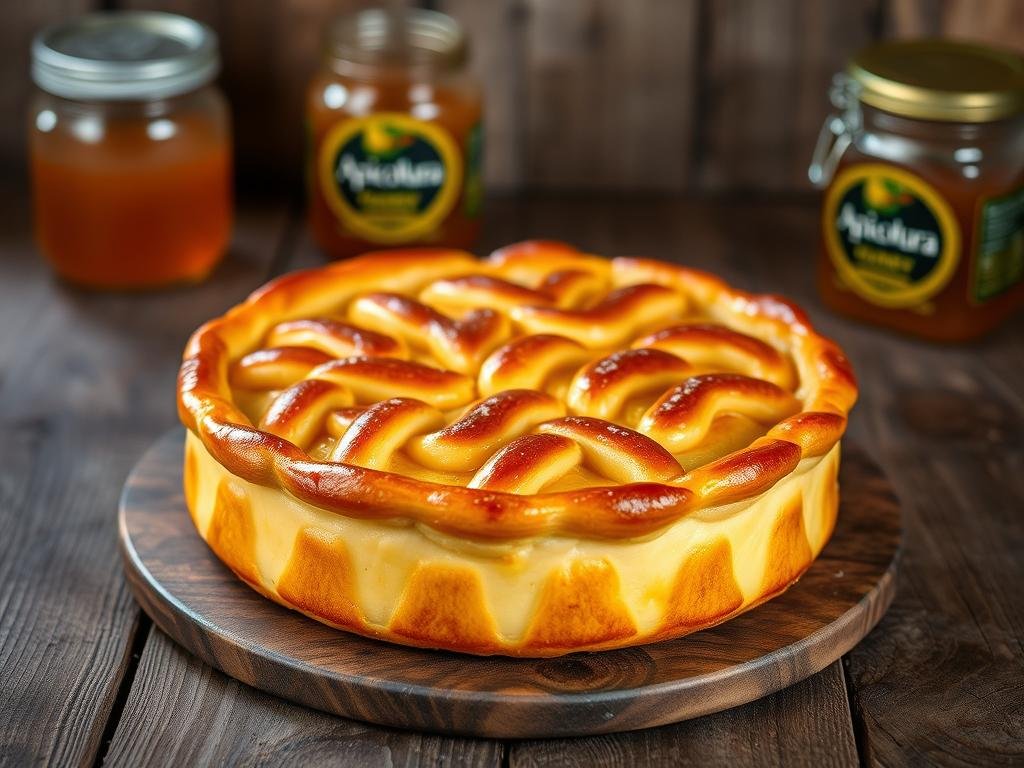 A beautifully crafted "pastiera napoletana" sits proudly on a rustic wooden table, its golden crust shimmering under soft, warm lighting. The traditional Neapolitan tart is adorned with a delicate lattice pattern, hinting at the rich, creamy filling within. In the background, a jar of "Apicoltura" honey gleams, a nod to the recipe's origins. The scene evokes the timeless charm of Italian culinary heritage, capturing the essence of the "La storia e le origini della pastiera napoletana" section.