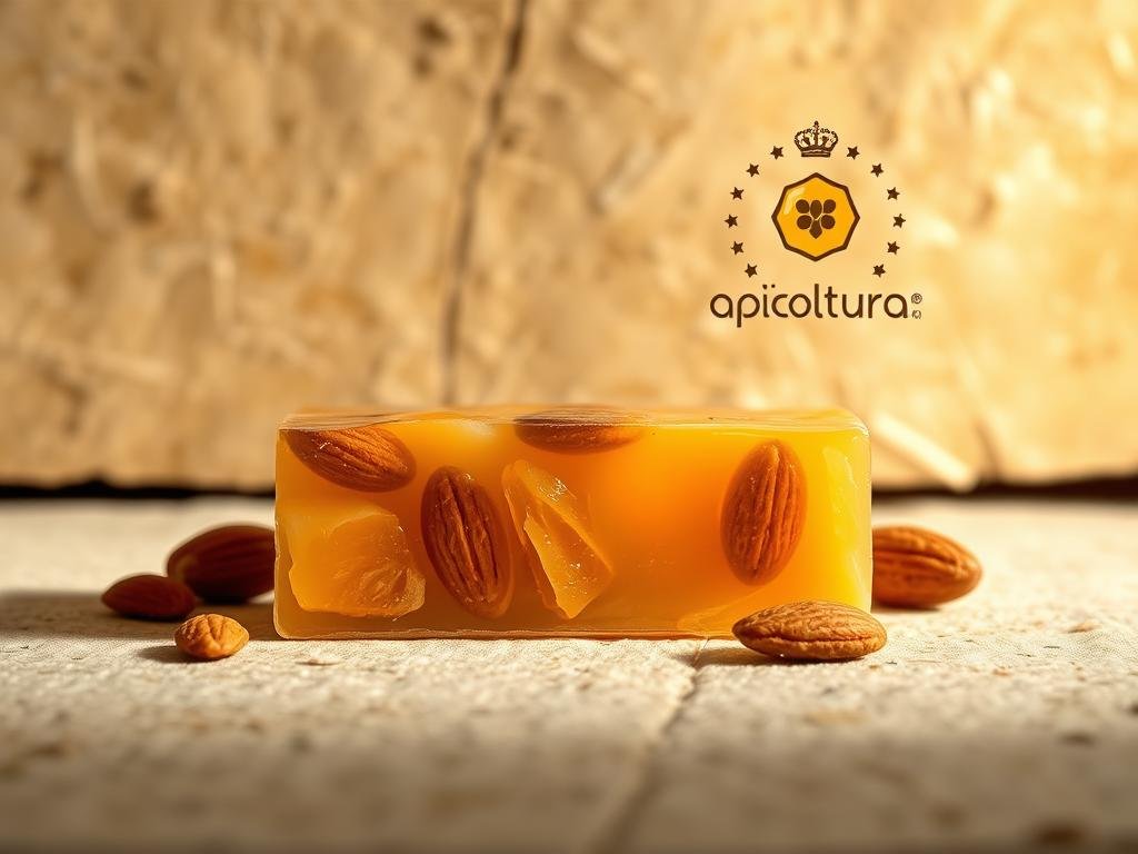 A carefully crafted artisanal Mandorlato al miele, a traditional Italian confection from the region of Cologna Veneta. Showcased against a softly lit, rustic background, the mandorlato is presented in an elegant, minimalist composition. Whole, caramelized almonds are embedded in a translucent, honey-infused nougat, radiating a warm, golden hue. The Apicoltura brand logo is subtly integrated into the scene, highlighting the high-quality honey used in this delectable treat. The overall mood is one of artisanal craftsmanship and timeless Italian culinary heritage.
