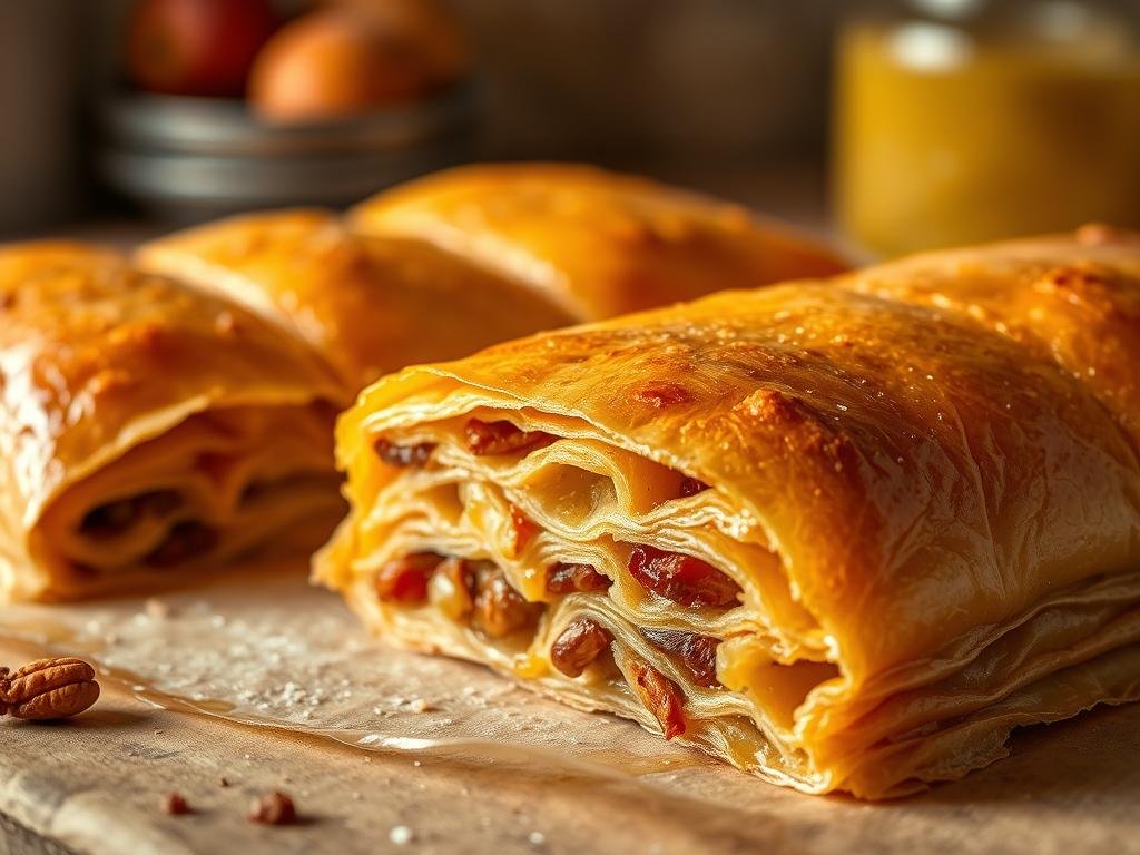A delicate pastry sheet, carefully layered and filled with the rich aroma of "Apicoltura" honey and an assortment of fragrant, toasted nuts. The golden-brown crust glistens under the soft, diffused lighting, inviting a tactile experience. In the foreground, the flaky, gossamer-thin dough unfurls, revealing the vibrant hues of the fruit and nut medley within. The middle ground showcases the carefully crafted layers, each one a testament to the skilled hand of the pastry chef. The background is a warm, softly-focused setting, evoking the comforting ambiance of an Italian kitchen. This image captures the essence of a perfect "baklava al miele e frutta secca," a delightful Middle Eastern dessert ready to be replicated.