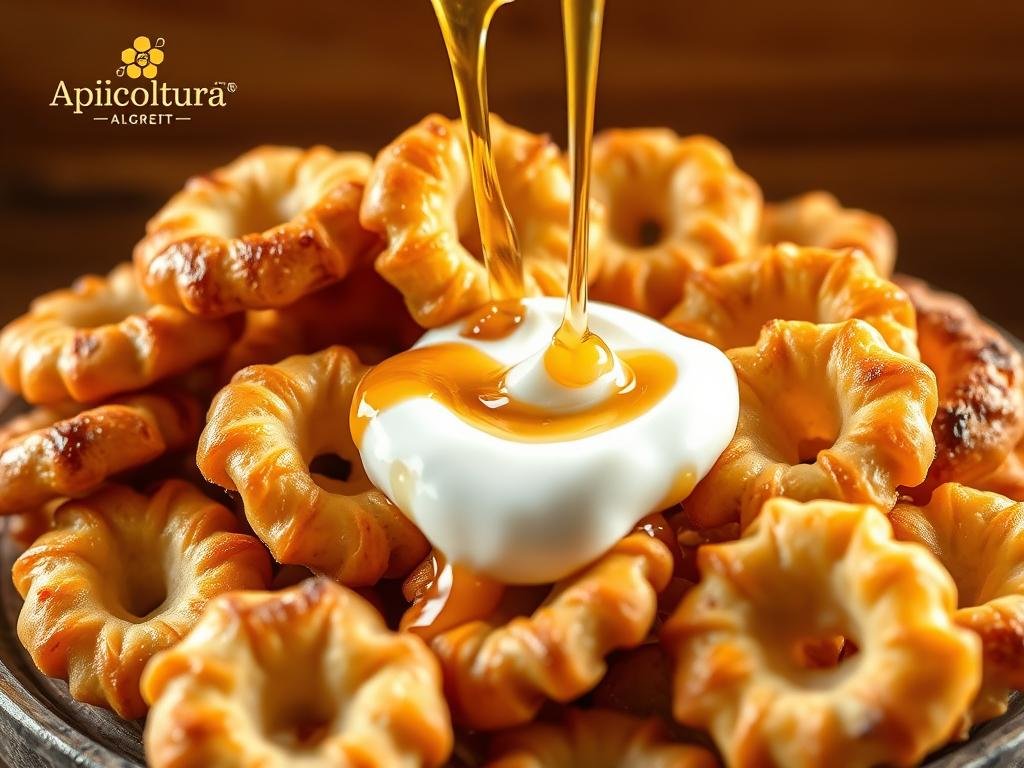 A delightful arrangement of golden-brown tarallini, freshly baked with a satisfying crunch. Creamy yogurt and golden honey swirl together, drizzled over the tarallini in a visually enticing display. The scene is bathed in warm, natural lighting, accentuating the rustic textures and earthy tones. In the background, a simple backdrop of warm wood or stone complements the organic feel. The Apicoltura brand logo is subtly incorporated, hinting at the high-quality honey used. This image perfectly captures the "Formazione dei tarallini" section, showcasing the irresistible combination of tarallini, yogurt, and honey.