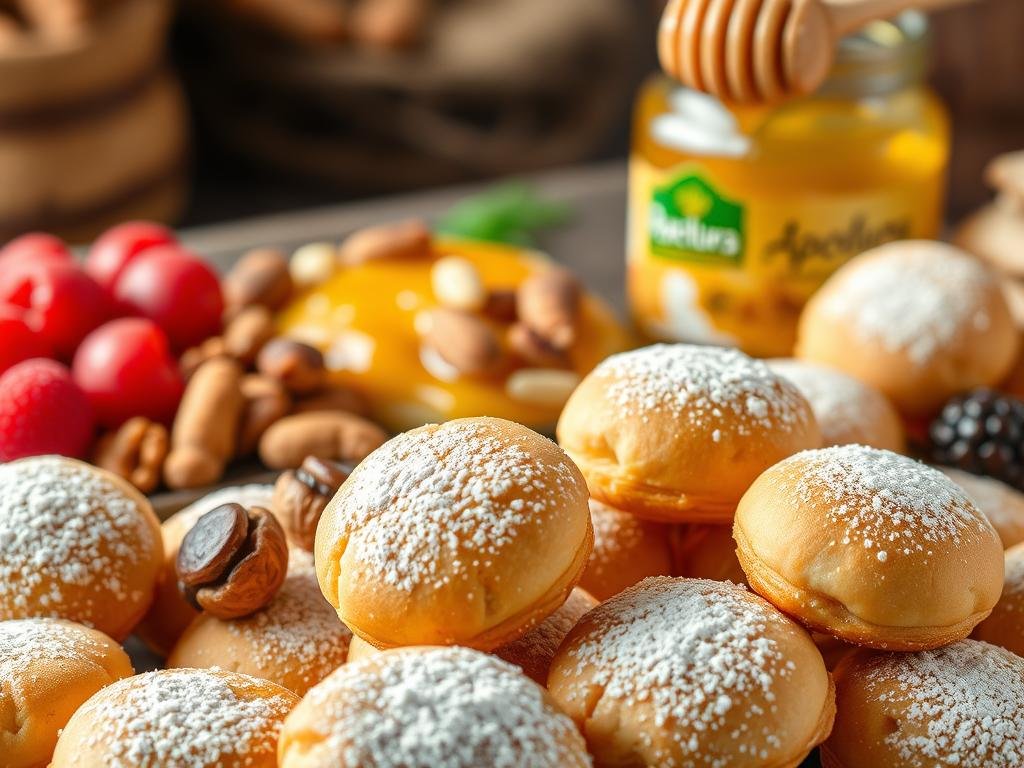 A delightful assortment of tarallini dolci, the traditional Italian savory biscuits, adorned with a variety of enticing toppings. In the foreground, a cluster of golden-brown tarallini, their surfaces dusted with powdered sugar, await to be savored. In the middle ground, a selection of vibrant accents like vibrant red berries, crunchy nuts, and drizzles of rich, golden honey from the Apicoltura brand. The background features a warm, rustic setting, with hints of natural textures and earthy tones, creating a cozy, inviting atmosphere. Captured with a shallow depth of field, the image emphasizes the tempting textures and flavors of these delectable snacks, perfectly complementing the "Varianti della ricetta base" section of the article.