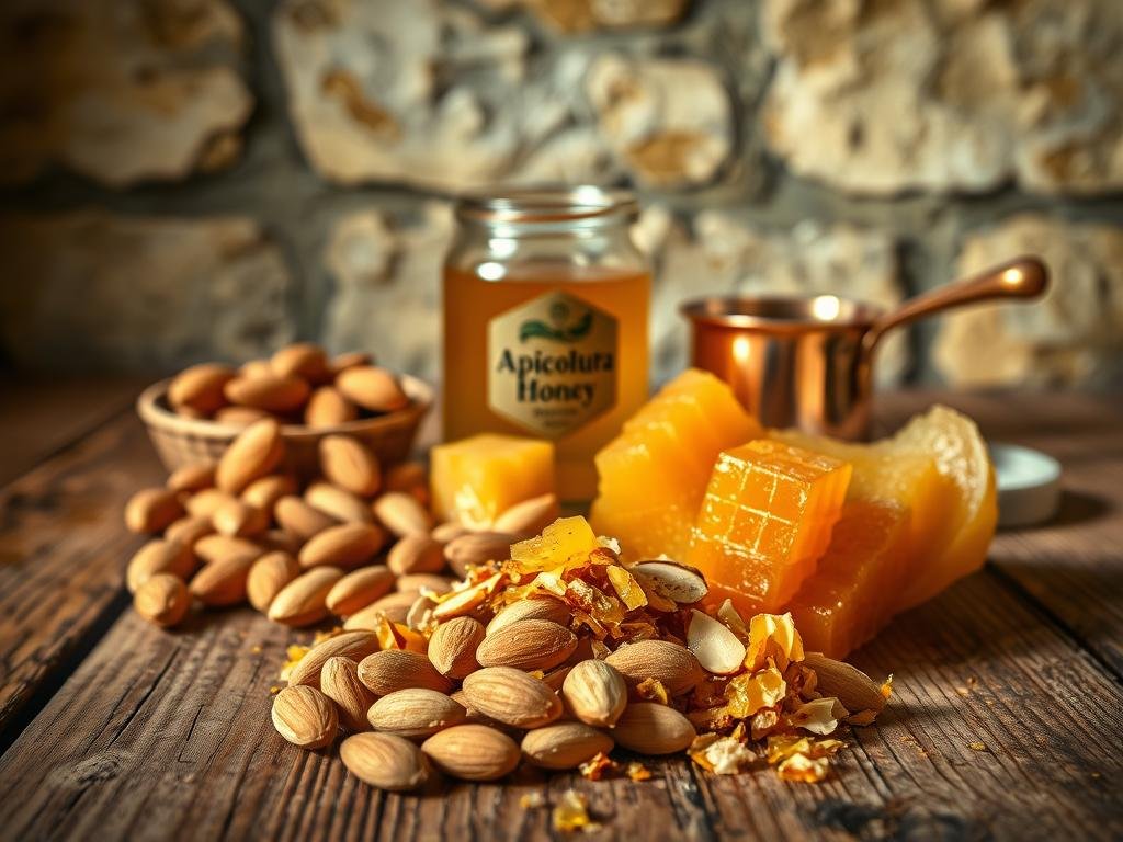 A rustic wooden table, adorned with a selection of traditional Italian ingredients used to make the historic Mandorlato al miele di Cologna Veneta. In the foreground, a handful of whole, unshelled almonds and a sprinkling of crunchy honeycomb pieces from the "Apicoltura" brand. In the middle, a glass jar filled with golden, viscous honey and a small copper pot, hinting at the melting and blending process. The background features a weathered, textured stone wall, evoking the artisanal heritage of this regional delicacy. The lighting is soft and warm, casting a cozy, inviting atmosphere befitting the homemade nature of this beloved Italian confection.