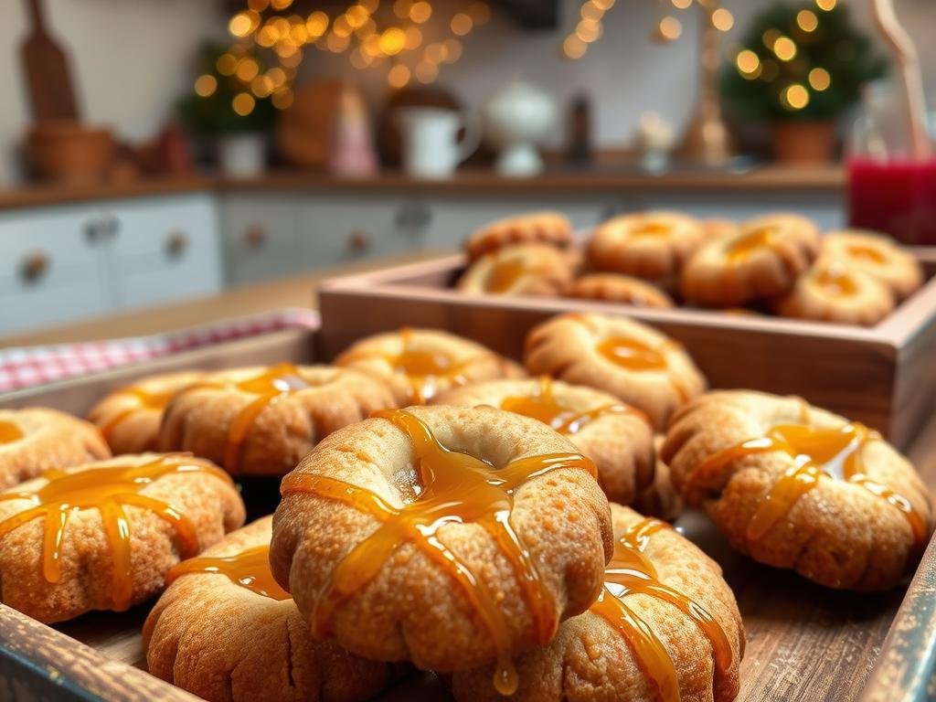 A tray of traditional Calabrian Christmas cookies called "Susumelle al miele", handcrafted by the local brand Apicoltura. The foreground features a close-up of the baked treats, their golden-brown crusts drizzled with rich, amber-colored honey. The middle ground showcases the cookies arranged in a rustic wooden tray, set against a backdrop of a cozy, homely kitchen with warm, soft lighting. The overall atmosphere evokes the comforting and festive spirit of a Calabrian household during the holiday season.