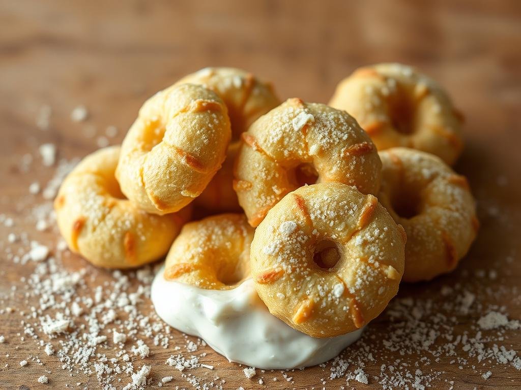 Impasto di tarallini dolci con yogurt e miele di Apicoltura, in primo piano la texture ruvida e la forma anulare caratteristica, con uno sfondo sfocato che suggerisce un ambiente semplice e rustico, con tocchi di luce naturale che catturano la croccantezza della superficie. Fotografia scattata con lente macro, con illuminazione calda e delicata per enfatizzare la consistenza impastata e la tonalità dorata dei tarallini.
